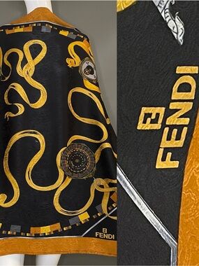 Super Chic Fendi Silk Scarf Huge 39 In Sq Copper Gold Black Exc Condition